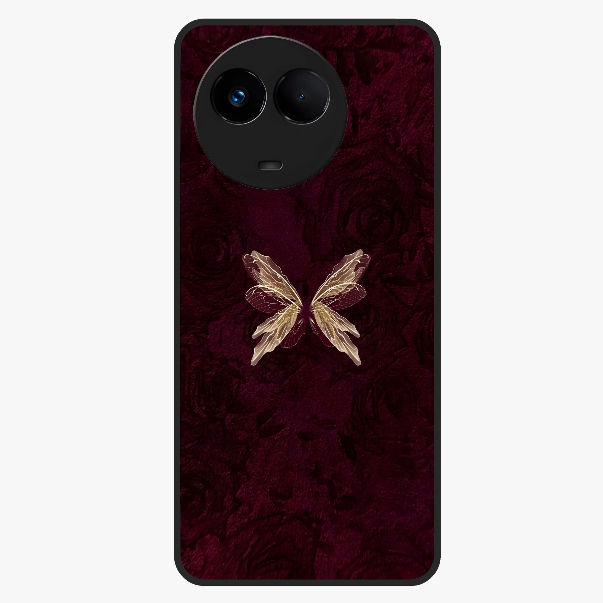 Crimson Fade Butterfly Glass Case showing flat back view with fading butterfly artwork and glossy glass finish.