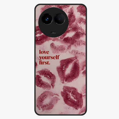 Crimson Kiss Love Glass Case showing flat back view with romantic crimson themed artwork and glossy glass finish.