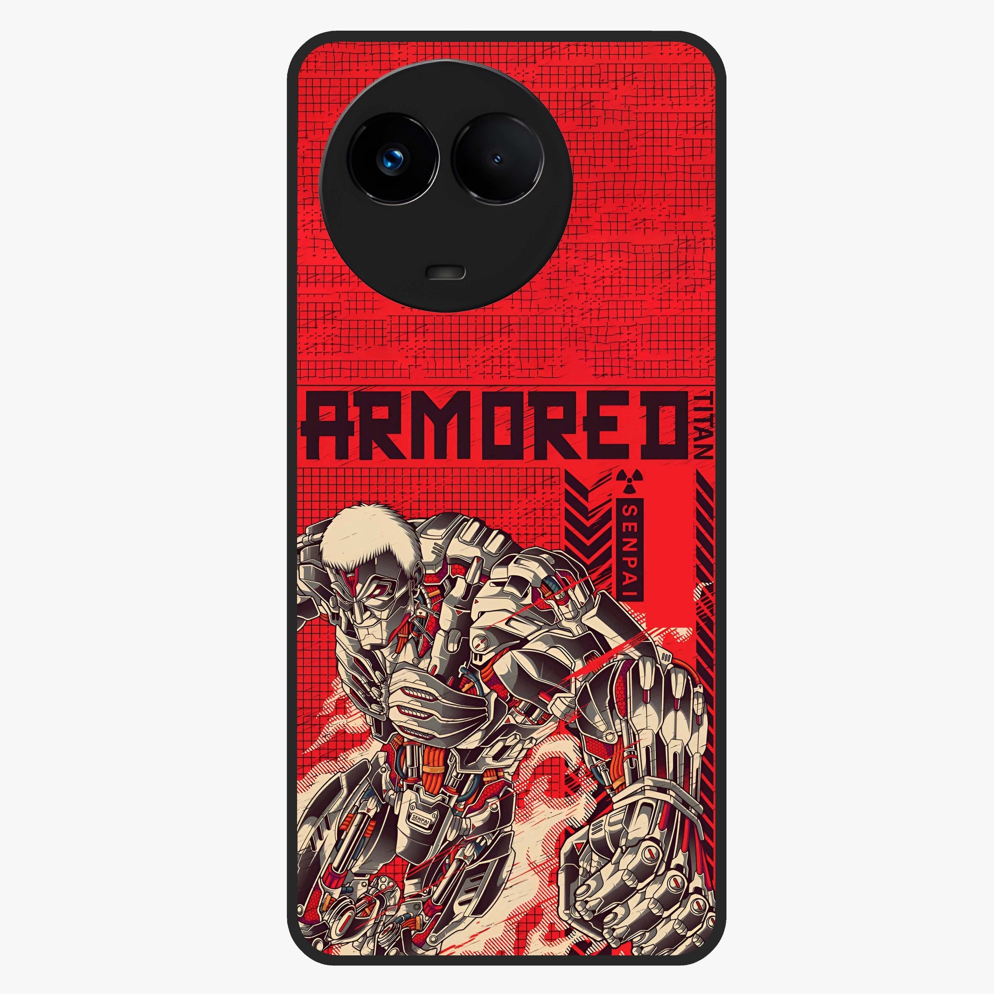 Crimson Mecha Titan Glass Case showing flat back view with powerful mech titan artwork and glossy glass finish.