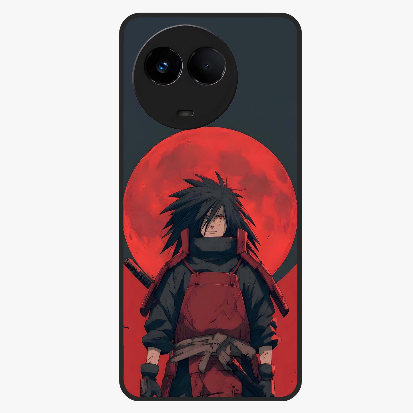 Crimson Moon Warlord Glass Case showing flat back view with mystical moon warrior artwork and glossy glass finish.