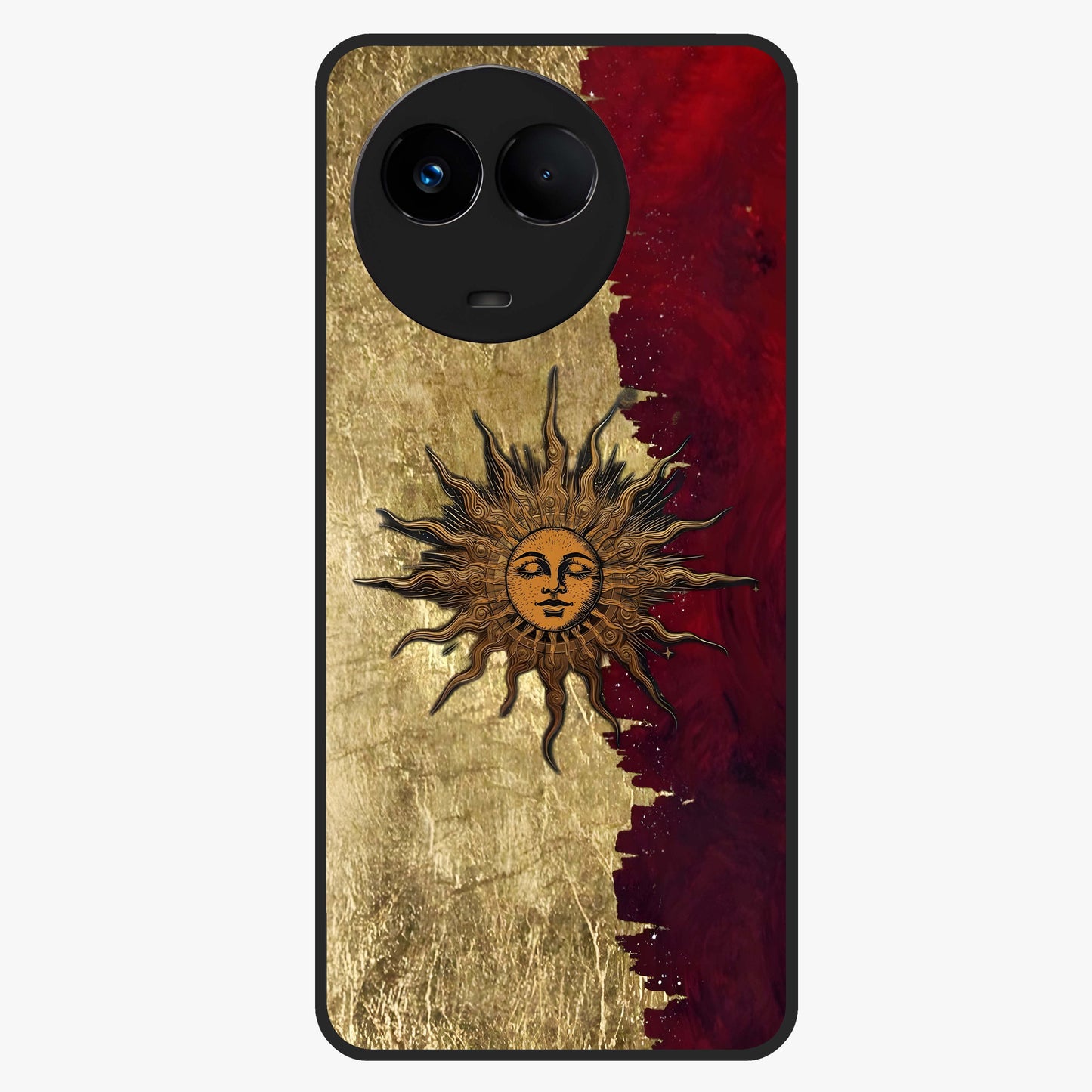 Crimson Sun Majesty Glass Case showing flat back view with radiant sun inspired artwork and glossy glass finish.