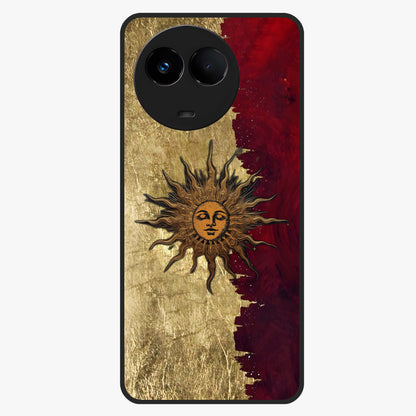 Crimson Sun Majesty Glass Case showing flat back view with radiant sun inspired artwork and glossy glass finish.