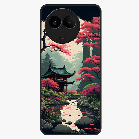 Crimson Temple View Glass Case showing flat back view with temple inspired artwork and glossy glass finish.