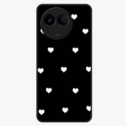 Cute And Simple White Hearts Glass Case showing flat back view with minimal white heart pattern and glossy glass finish.