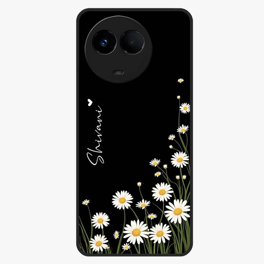 Daisy Cascade Custom Name Glass Case showing flat back view with cascading daisy flowers and personalized name design.