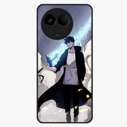 Dark Lightning Anime Warrior Glass Case showing flat back view with intense anime warrior artwork and glossy glass finish.