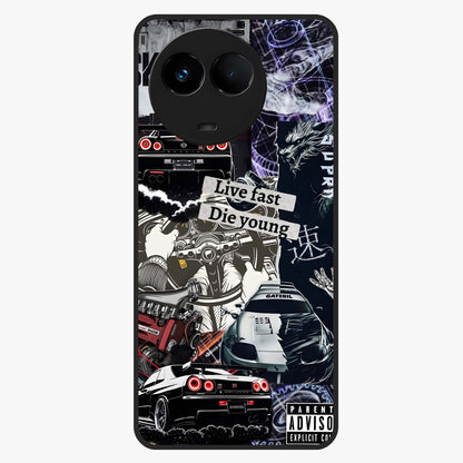 Die Young Glass Case showing flat back view with bold artistic typography design and glossy glass finish.