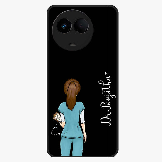 Doctor Pattern Custom Name Glass Case showing flat back view with medical themed pattern and personalized name design.