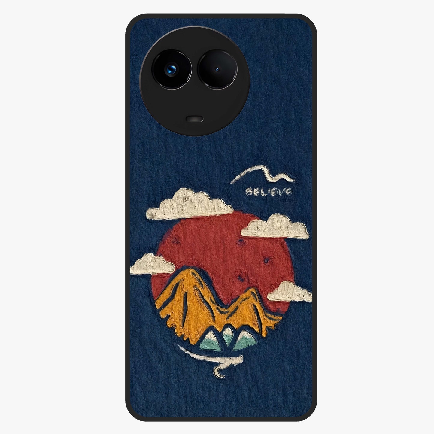 Dream Beyond Mountains Glass Case showing flat back view with scenic mountain landscape artwork and glossy glass finish.