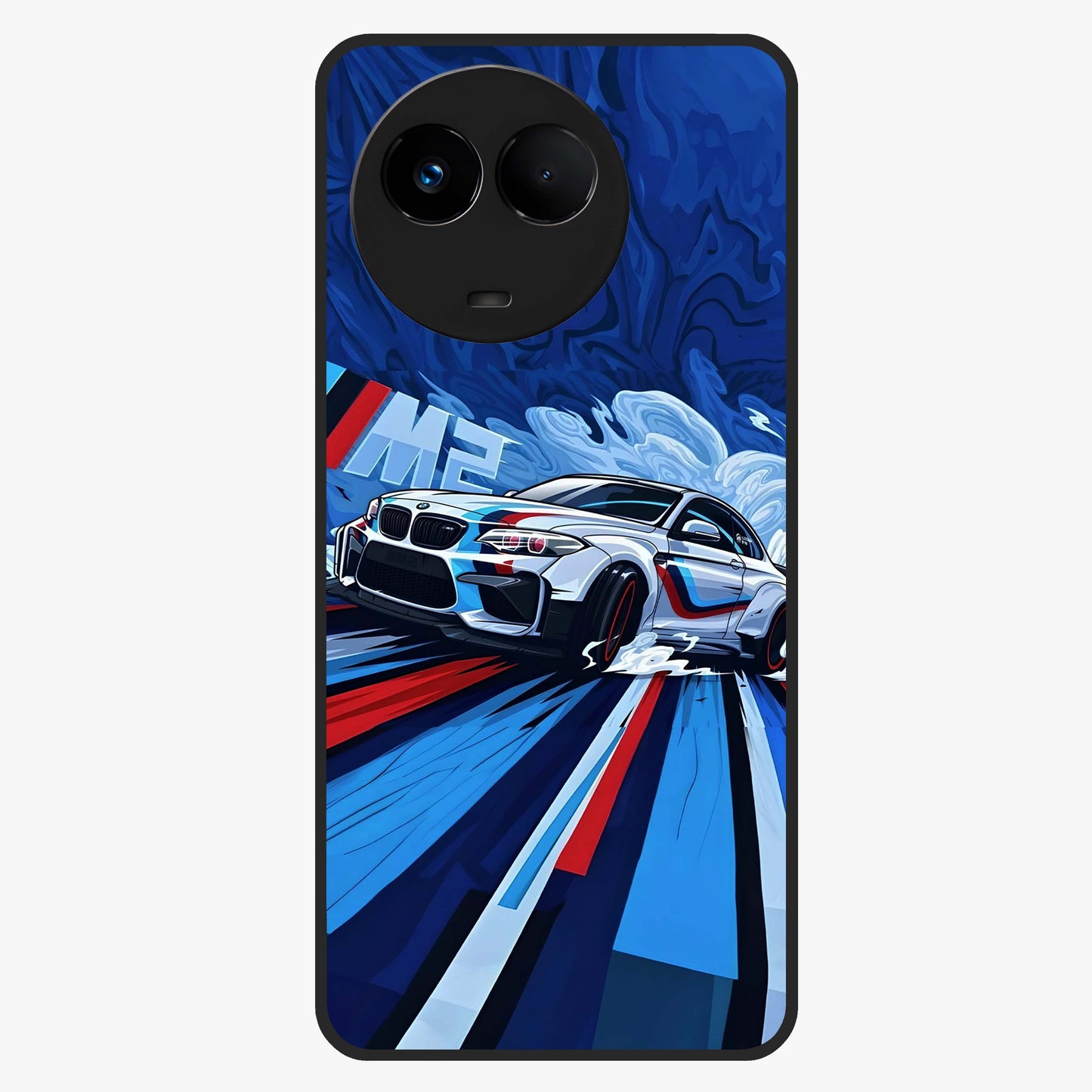 Drift Power Rush Glass Case showing flat back view with dynamic racing inspired artwork and glossy glass finish.