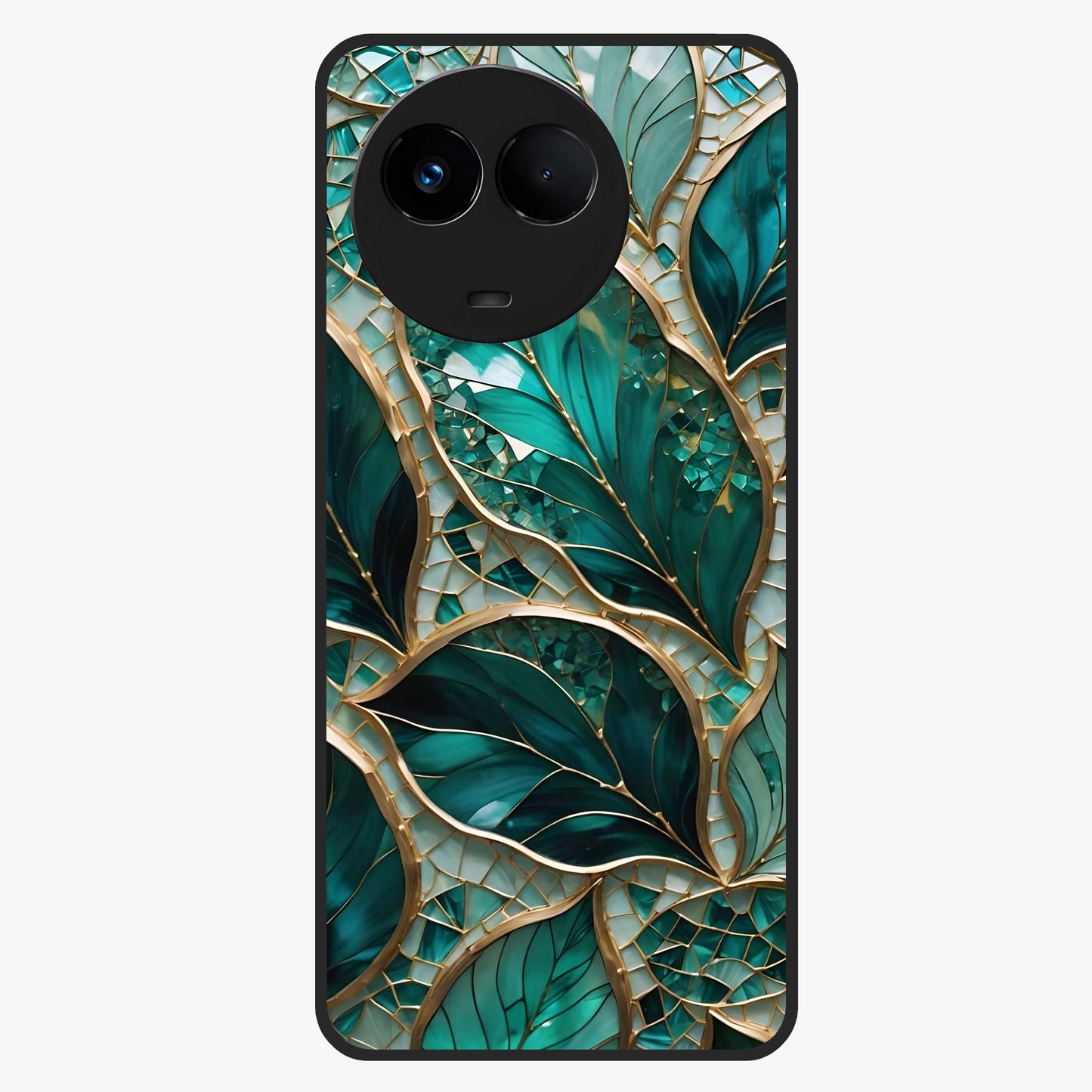 Emerald Leaf Glass Glass Case showing flat back view with emerald green leaf artwork and glossy glass finish.