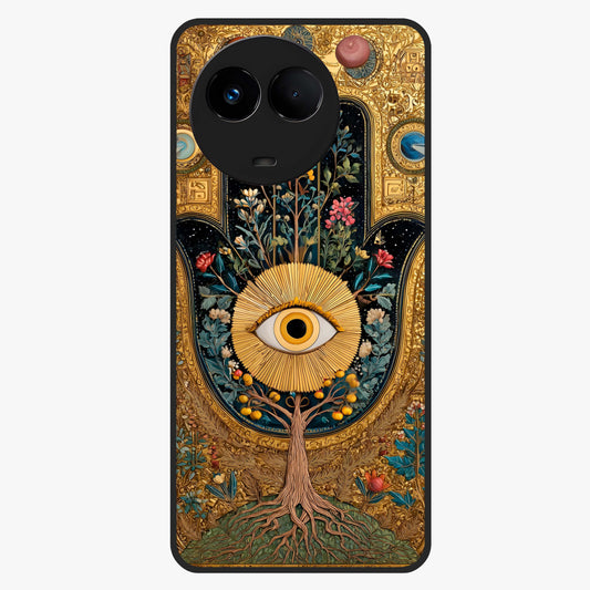 Ethereal Evil Eye Glass Case showing flat back view with mystical evil eye artwork and glossy glass finish.