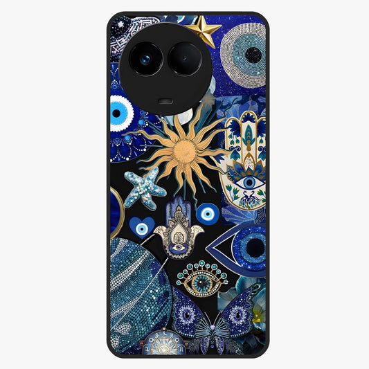 Evil Eye Charm Mix Glass Case showing flat back view with multiple evil eye charms artwork and glossy glass finish.