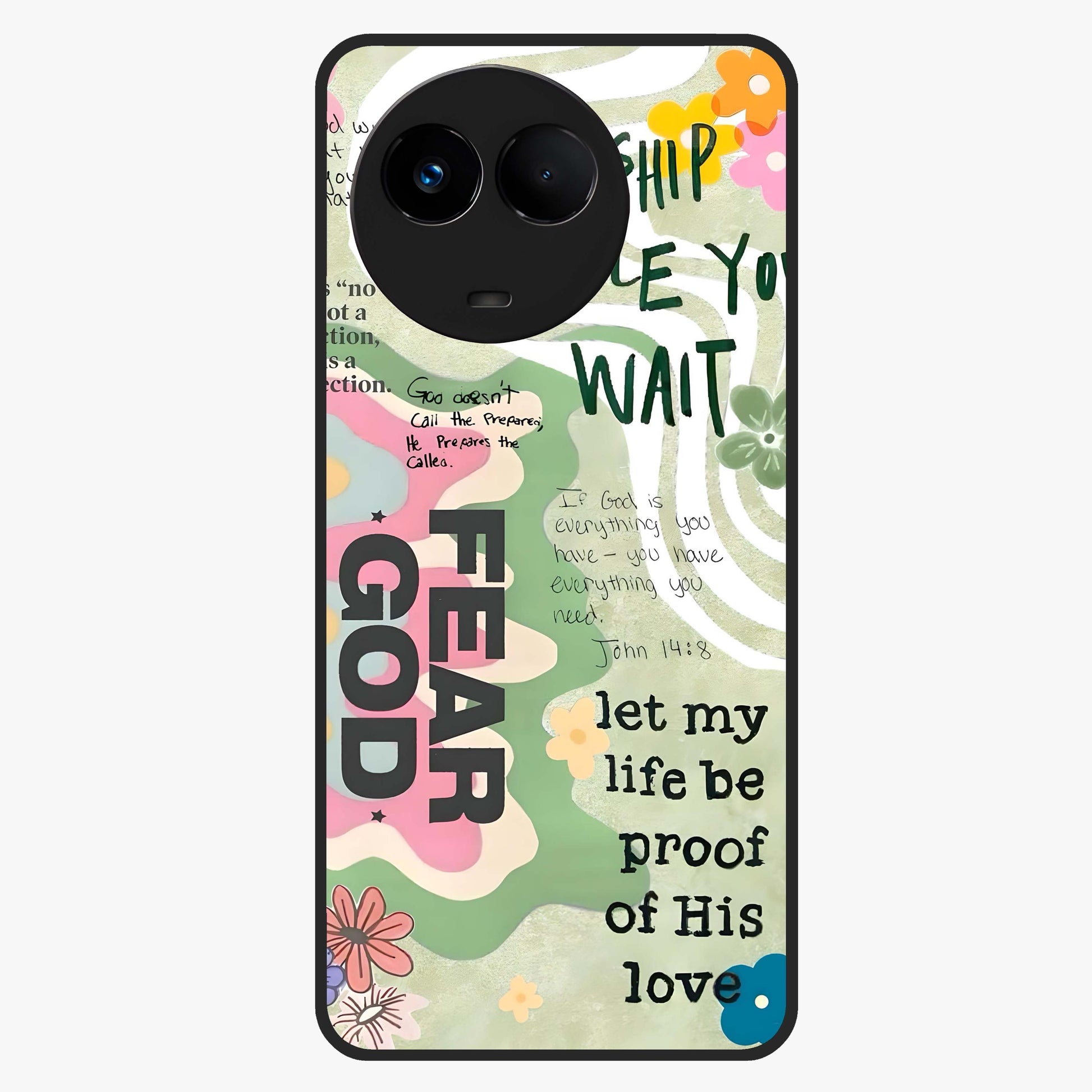 Faith Over Fear Glass Case showing flat back view with motivational typography artwork and glossy glass finish.