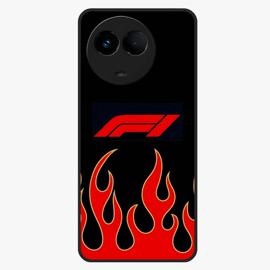Fire F11 Glass Case showing flat back view with fiery themed artwork and glossy glass finish.