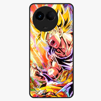 Firing Goku Glass Case showing flat back view with powerful anime inspired artwork and glossy glass finish.