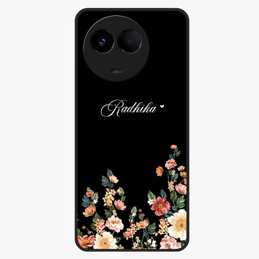 Floral Design With a Custom Personalized Name Glass Case showing flat back view with floral artwork and personalized name design.