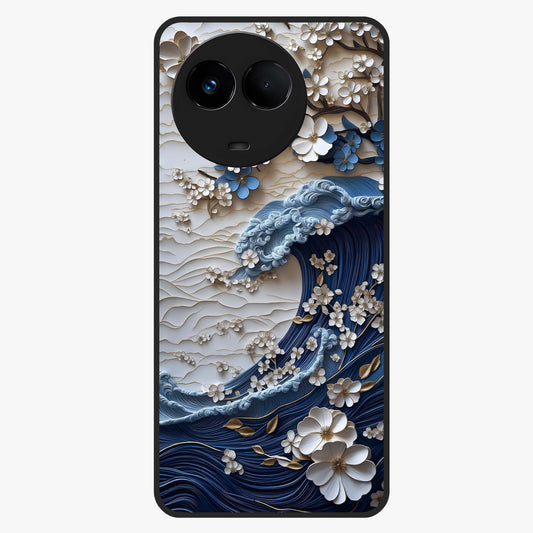 Floral Wave Origami Glass Case showing flat back view with origami inspired floral wave artwork and glossy glass finish.