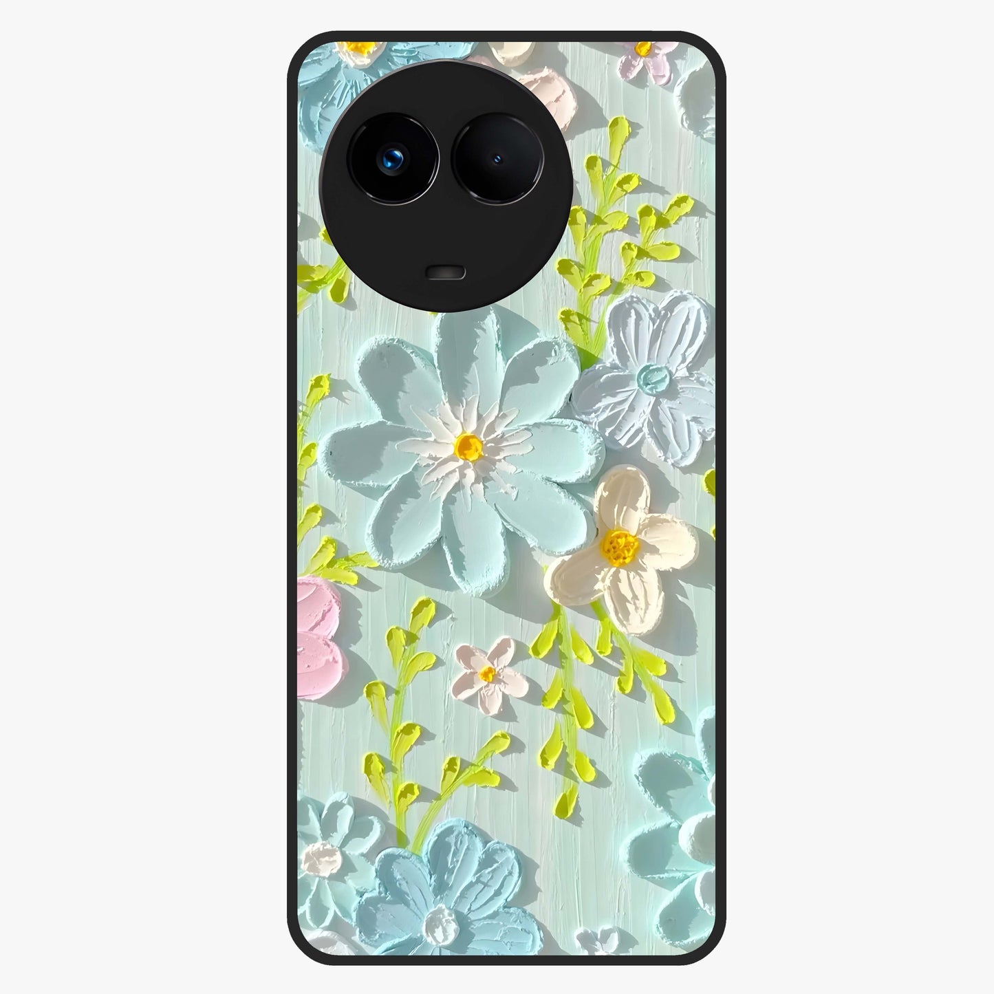 Frosted Petal Garden Glass Case showing flat back view with soft frosted floral artwork and glossy glass finish.