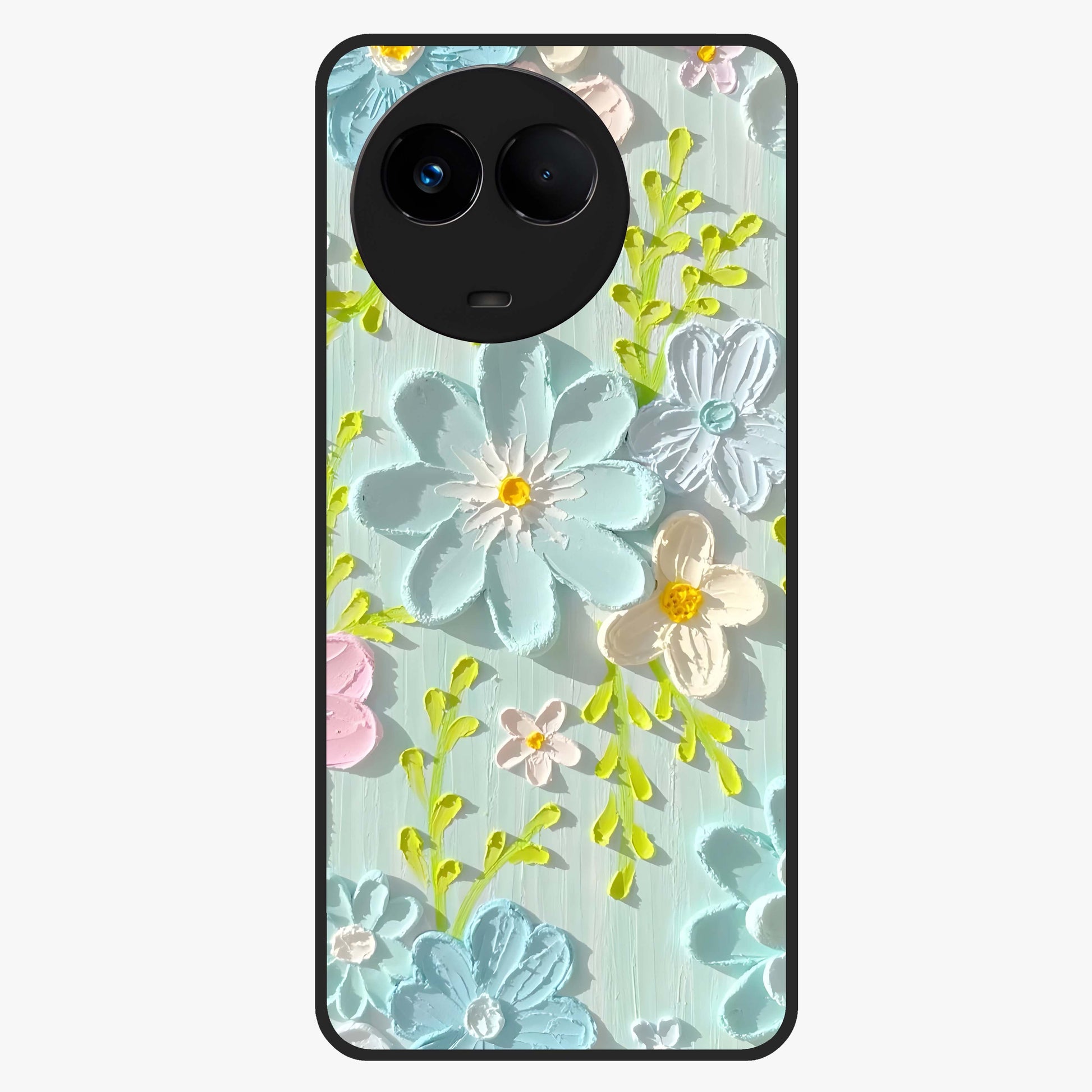 Frosted Petal Garden Glass Case showing flat back view with soft frosted floral artwork and glossy glass finish.