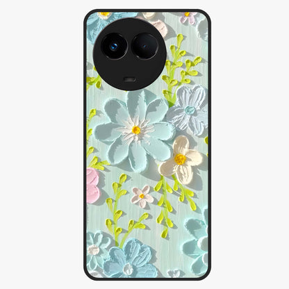 Frosted Petal Garden Glass Case showing flat back view with soft frosted floral artwork and glossy glass finish.
