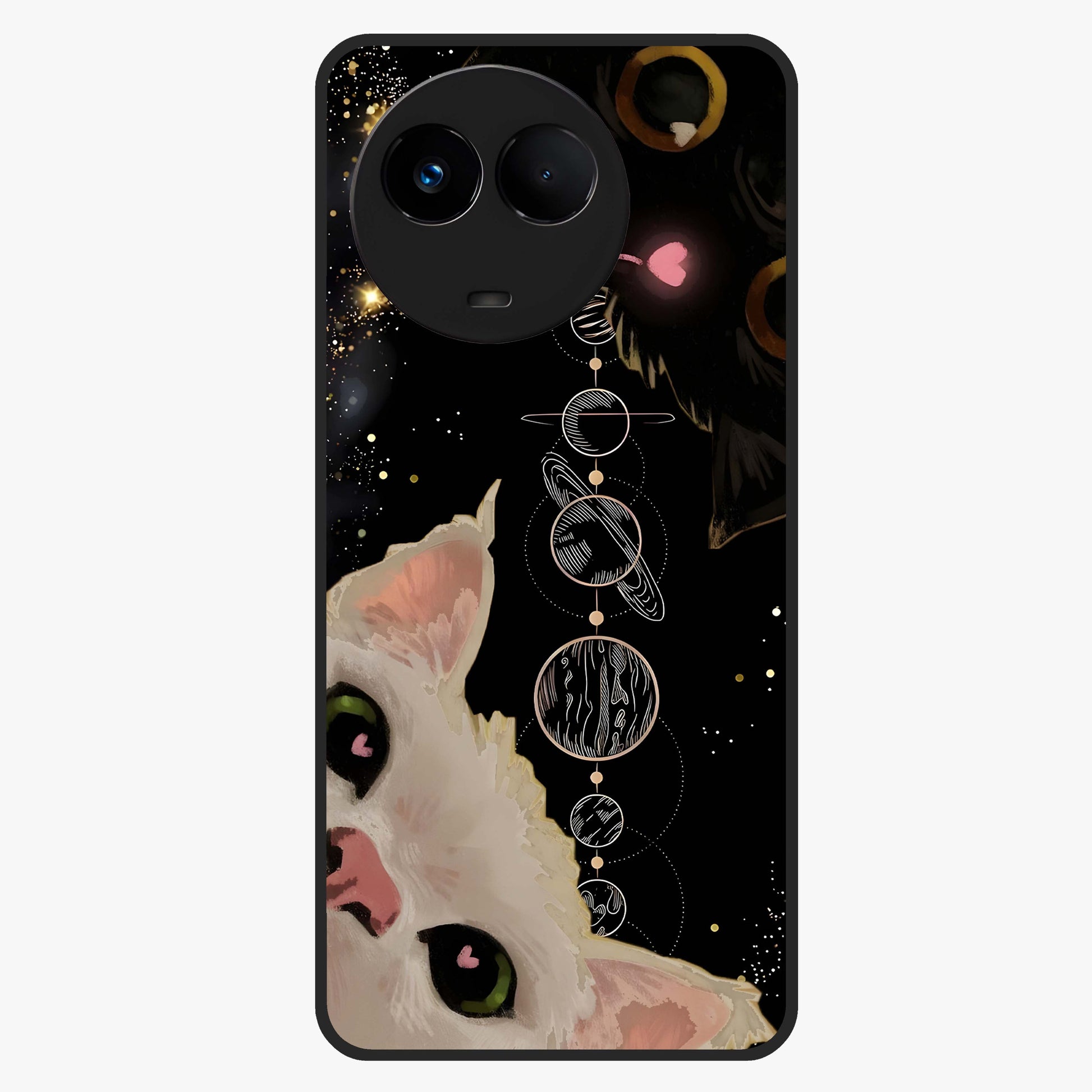 Galactic Cat Glass Case showing flat back view with cosmic cat artwork and glossy glass finish.