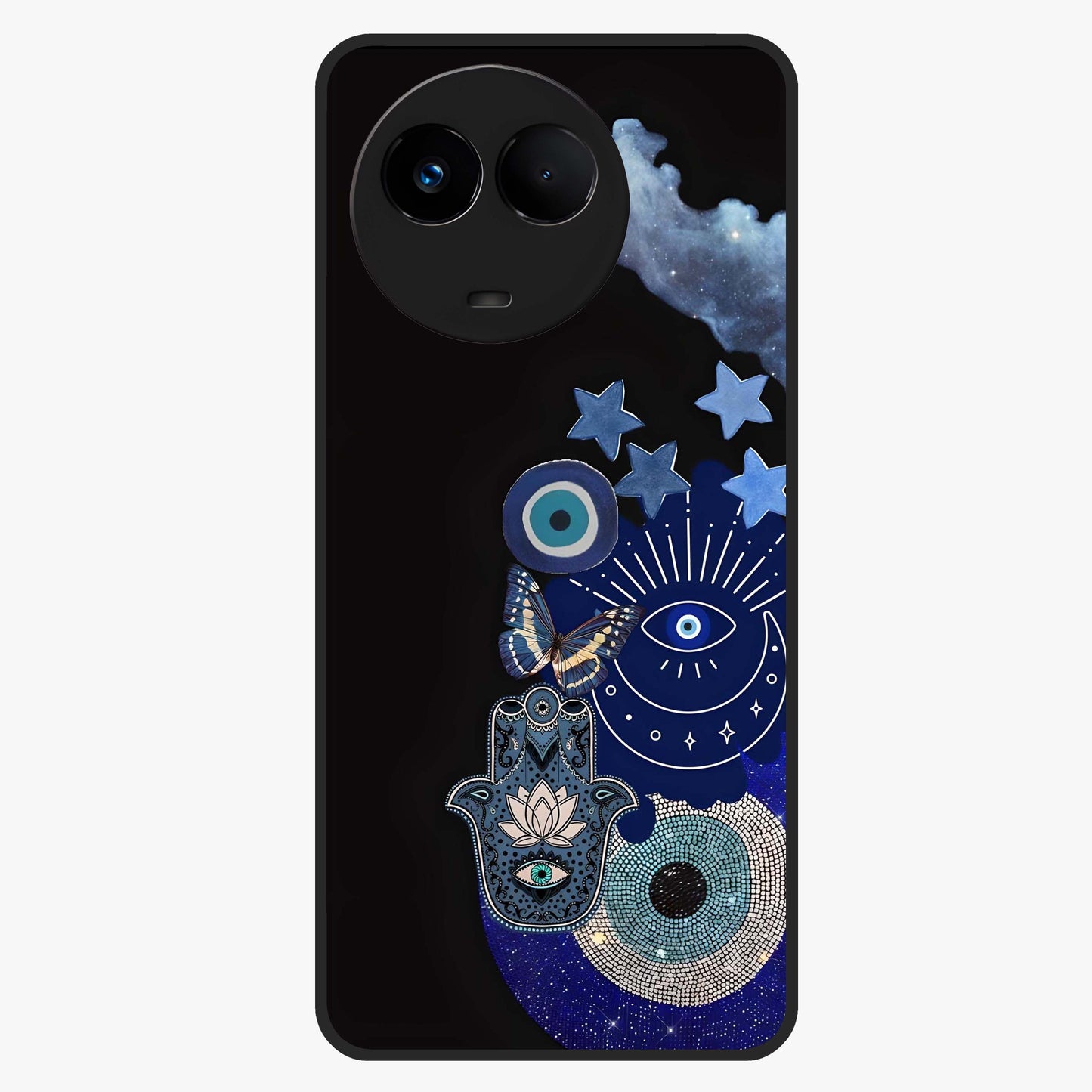Galactic Charm Cluster Glass Case showing flat back view with glowing celestial charm artwork and glossy glass finish.