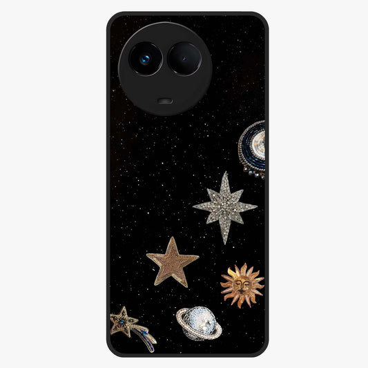 Galactic Charm Glow Glass Case showing flat back view with glowing celestial charm artwork and glossy glass finish.