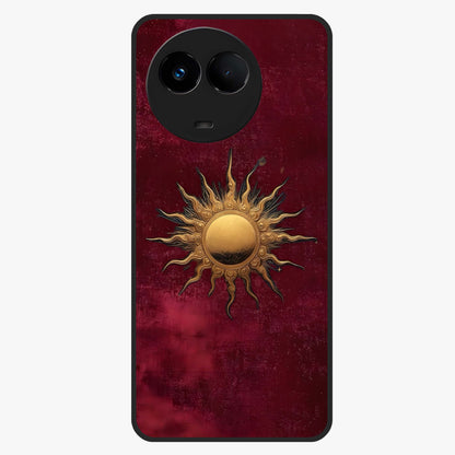 Gold Sun Blush Glass Case showing flat back view with golden sun inspired artwork and glossy glass finish.