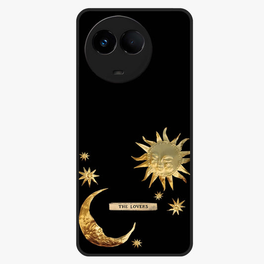 Golden Celestial Charm Glass Case showing flat back view with golden celestial charm artwork and glossy glass finish.