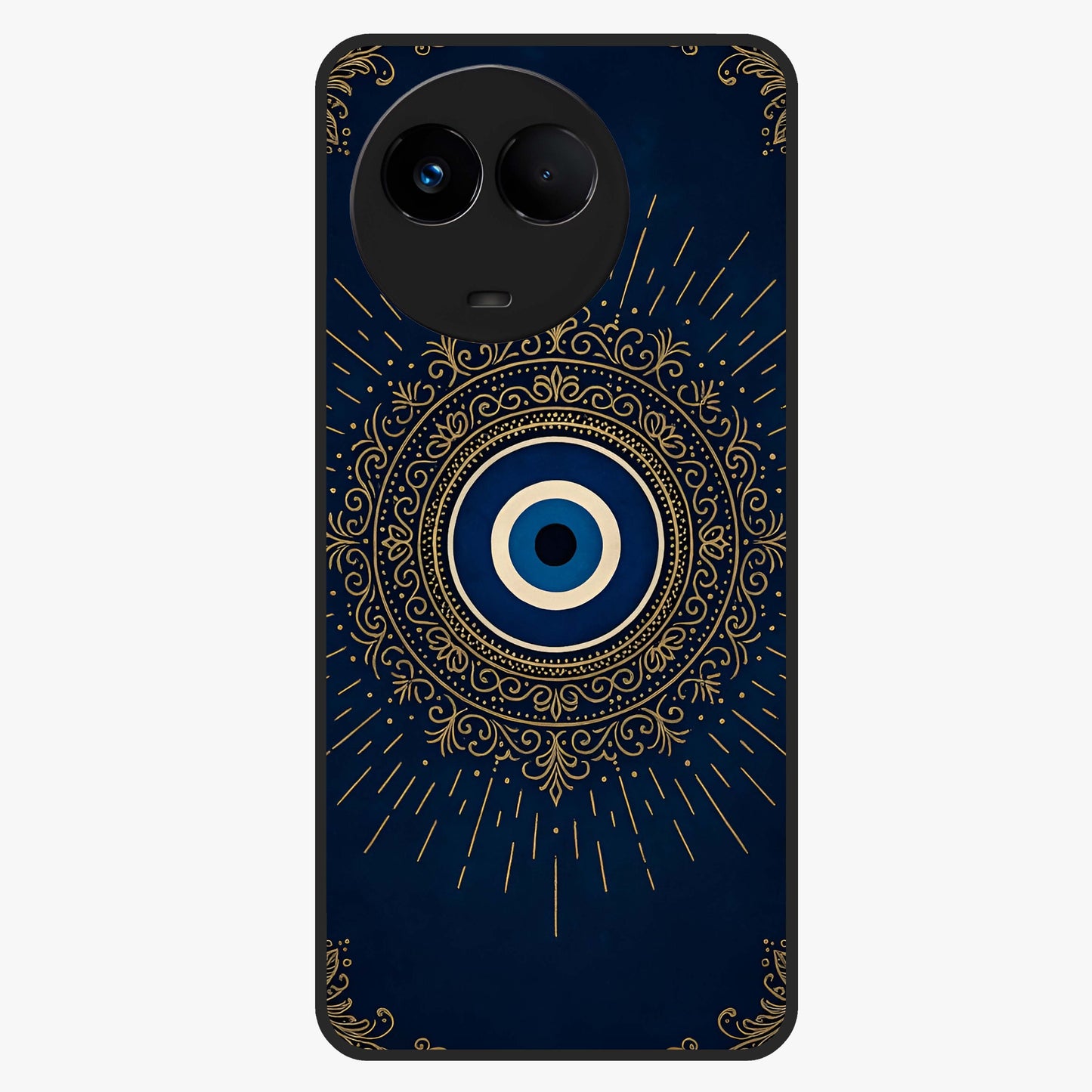 Golden Evil Eye Mandala Glass Case showing flat back view with intricate evil eye mandala artwork and glossy glass finish.