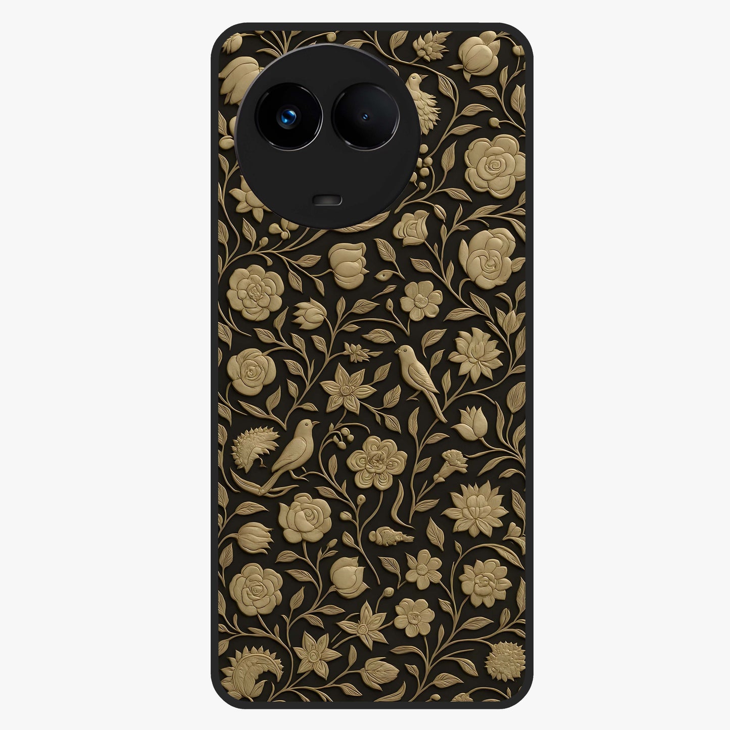 Golden Floral Majesty Glass Case showing flat back view with luxurious golden floral artwork and glossy glass finish.