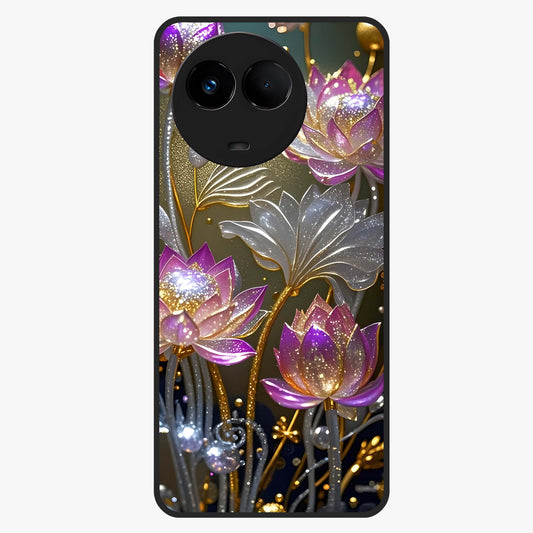 Golden Lotus Glow Glass Case showing flat back view with glowing lotus flower artwork and glossy glass finish.