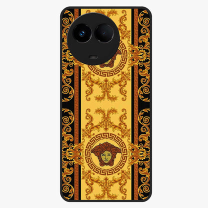 Golden Royal Heritage Glass Case showing flat back view with ornate royal pattern artwork and glossy glass finish.