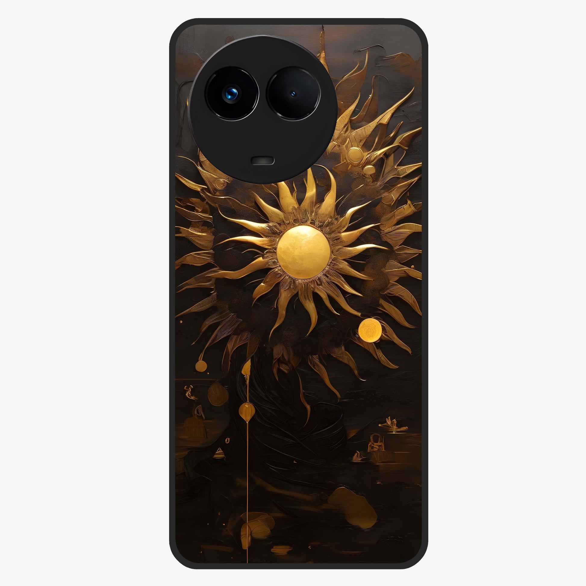 Golden Sun Majesty Glass Case showing flat back view with radiant golden sun artwork and glossy glass finish.