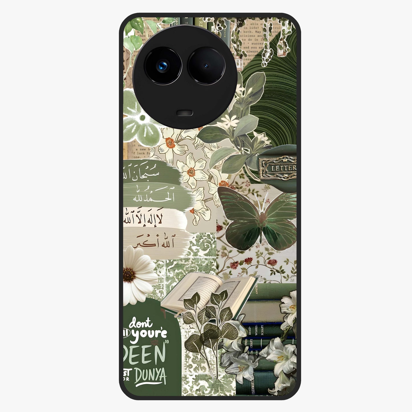Green Islamic Books Quotes Glass Case showing flat back view with Islamic quotes and book themed artwork and glossy glass finish.
