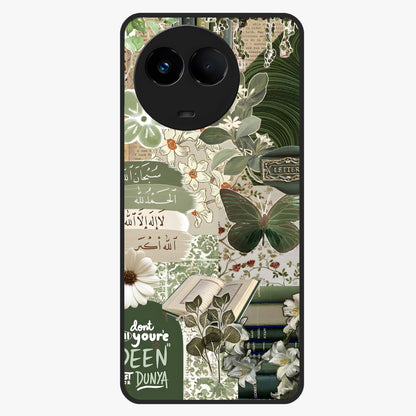Green Islamic Books Quotes Glass Case showing flat back view with Islamic quotes and book themed artwork and glossy glass finish.
