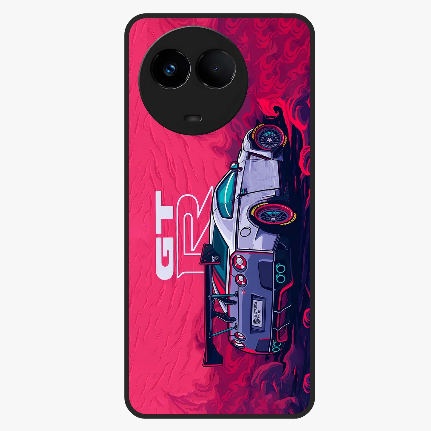 GT-R Car Pattern Glass Case showing flat back view with sporty car inspired pattern artwork and glossy glass finish.