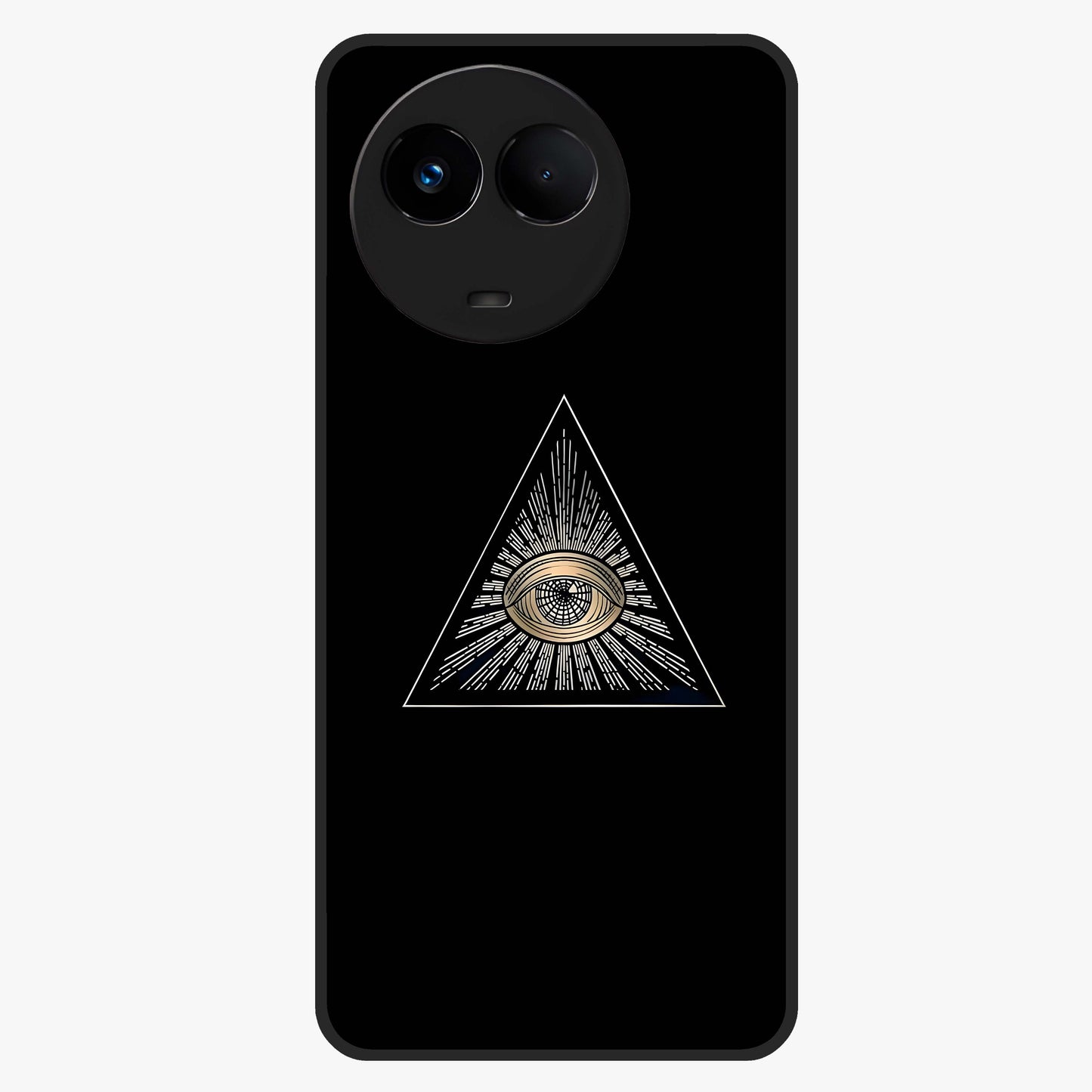 Illuminati Evil Glass Case showing flat back view with mysterious illuminati symbol artwork and glossy glass finish.