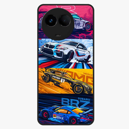 JDM Sports Car Glass Case showing flat back view with high performance sports car artwork and glossy glass finish.