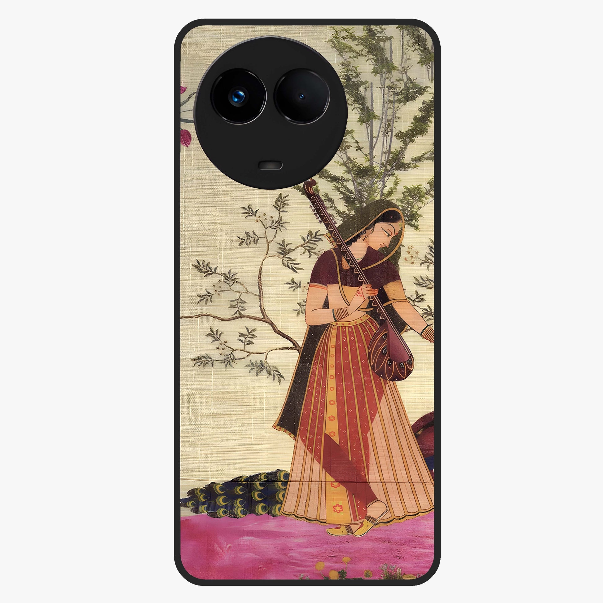 Lady With Veena Art Glass Case showing flat back view with elegant woman playing veena artwork and glossy glass finish.