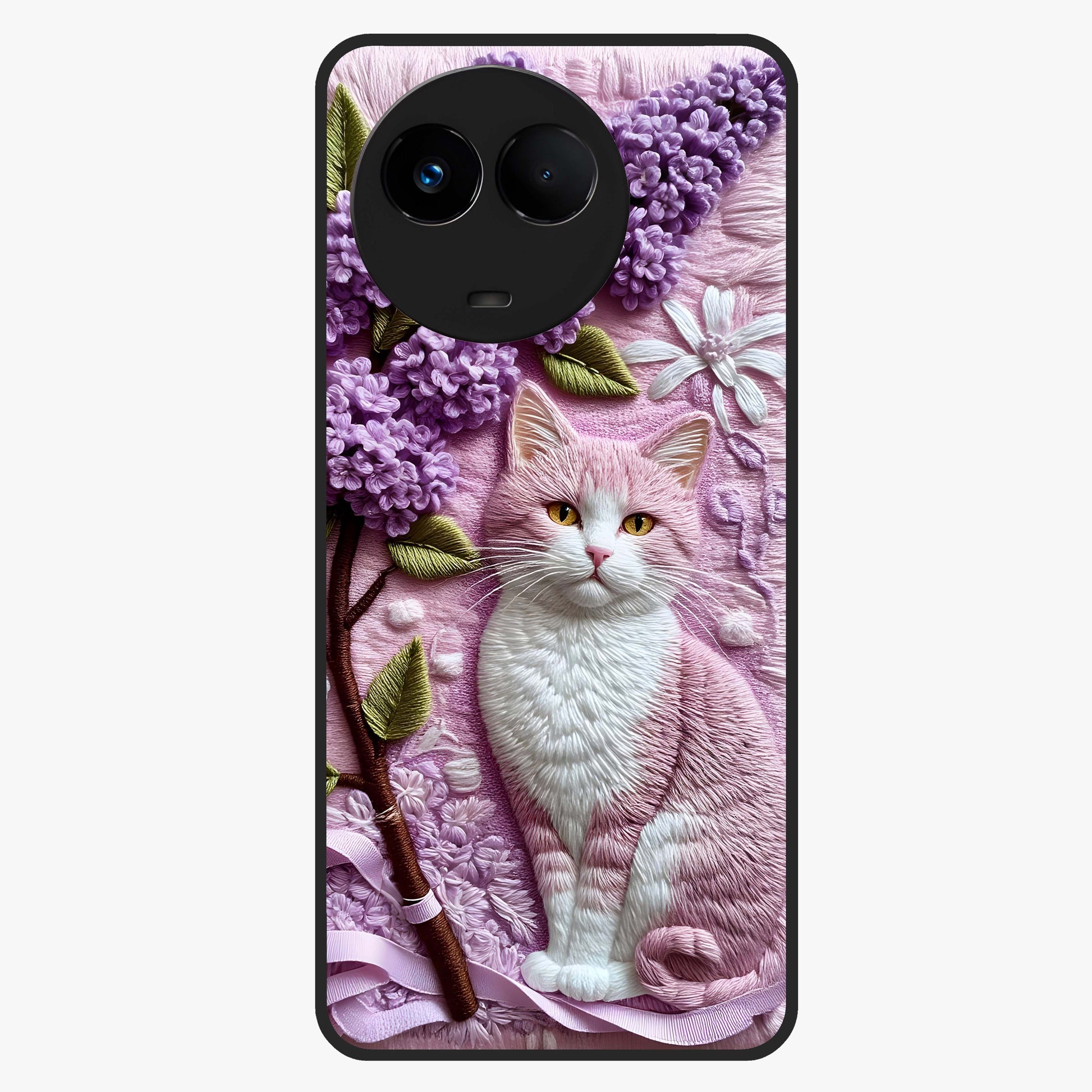 Lavender Cat Whimsy Glass Case showing flat back view with cute lavender cat artwork and glossy glass finish.