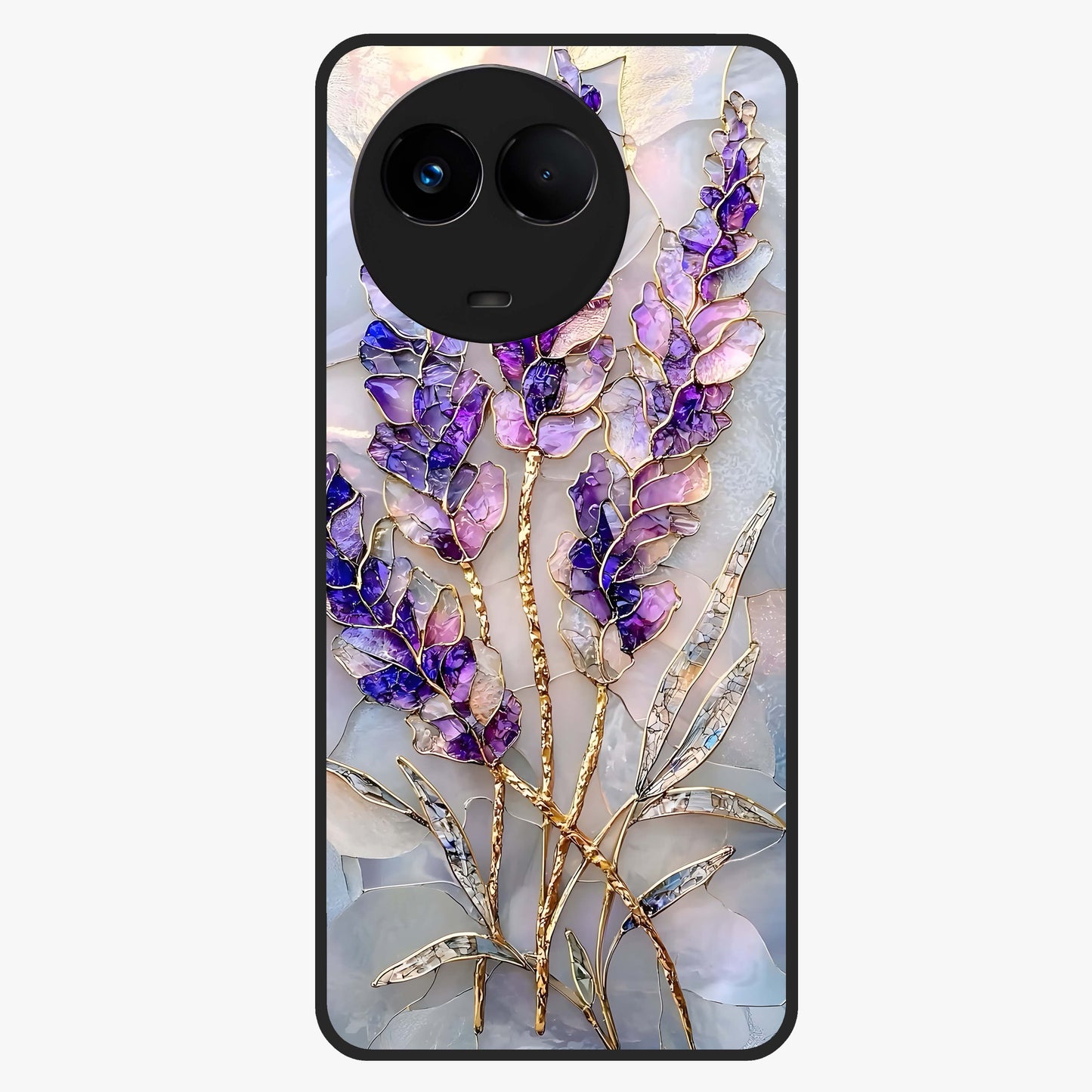 Lavender Dream Glow Glass Case showing flat back view with glowing lavender aesthetic artwork and glossy glass finish.