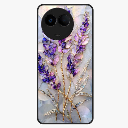 Lavender Dream Glow Glass Case showing flat back view with glowing lavender aesthetic artwork and glossy glass finish.