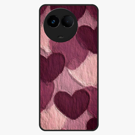 Layered Paper Hearts Glass Case showing flat back view with layered paper heart artwork and glossy glass finish.
