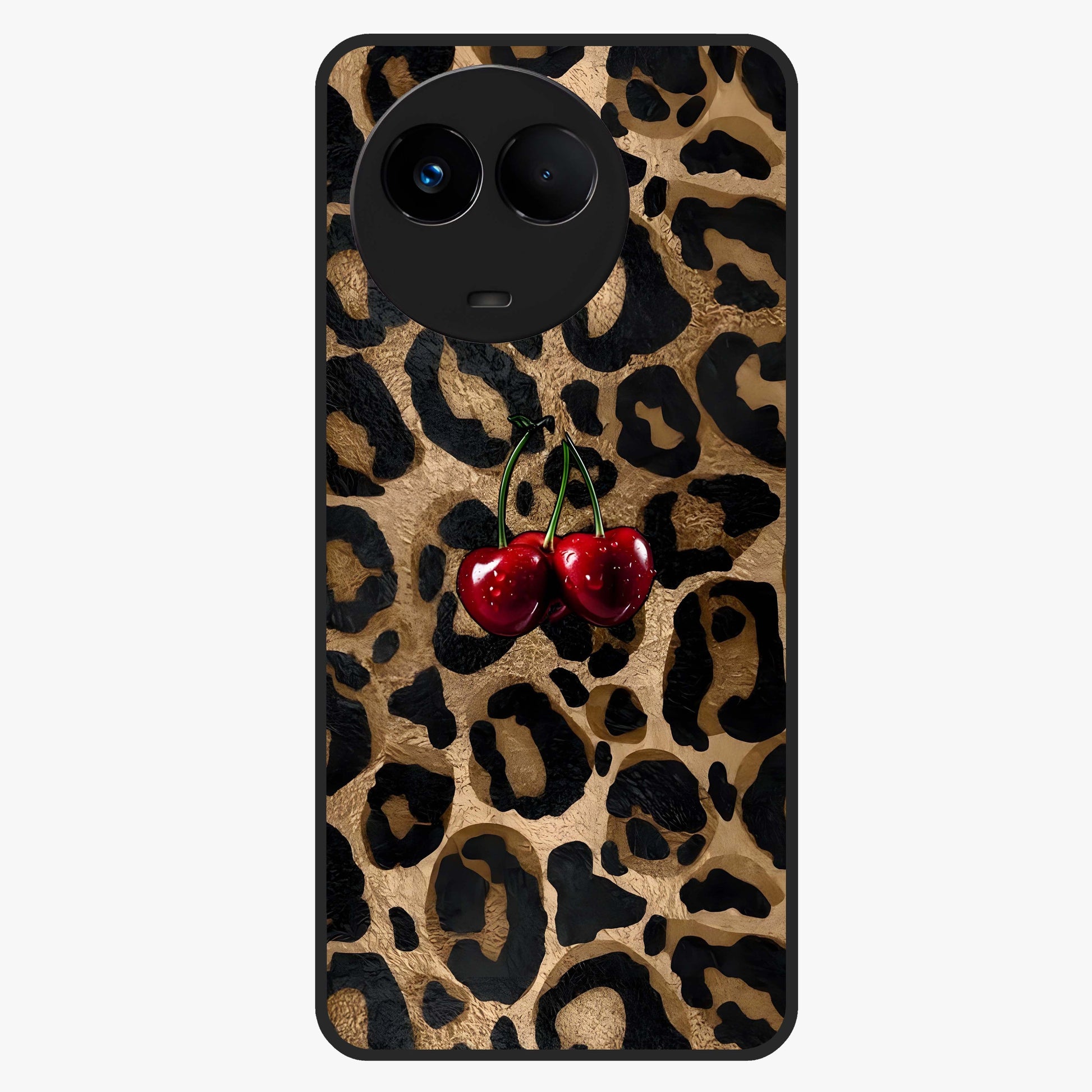 Leopard Wild Cherry Glass Case showing flat back view with leopard pattern and cherry artwork and glossy glass finish.