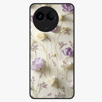 Lilac Breeze Harmony Glass Case showing flat back view with soft lilac themed artwork and glossy glass finish.