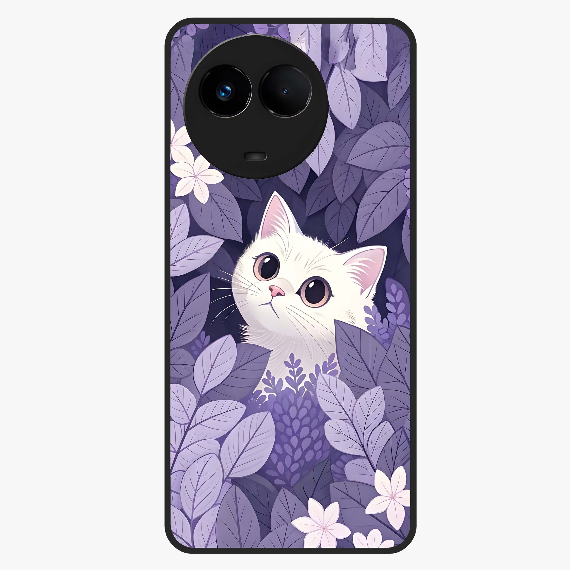 Lilac Hide Peek Cat Glass Case showing flat back view with cute peeking cat artwork and glossy glass finish.