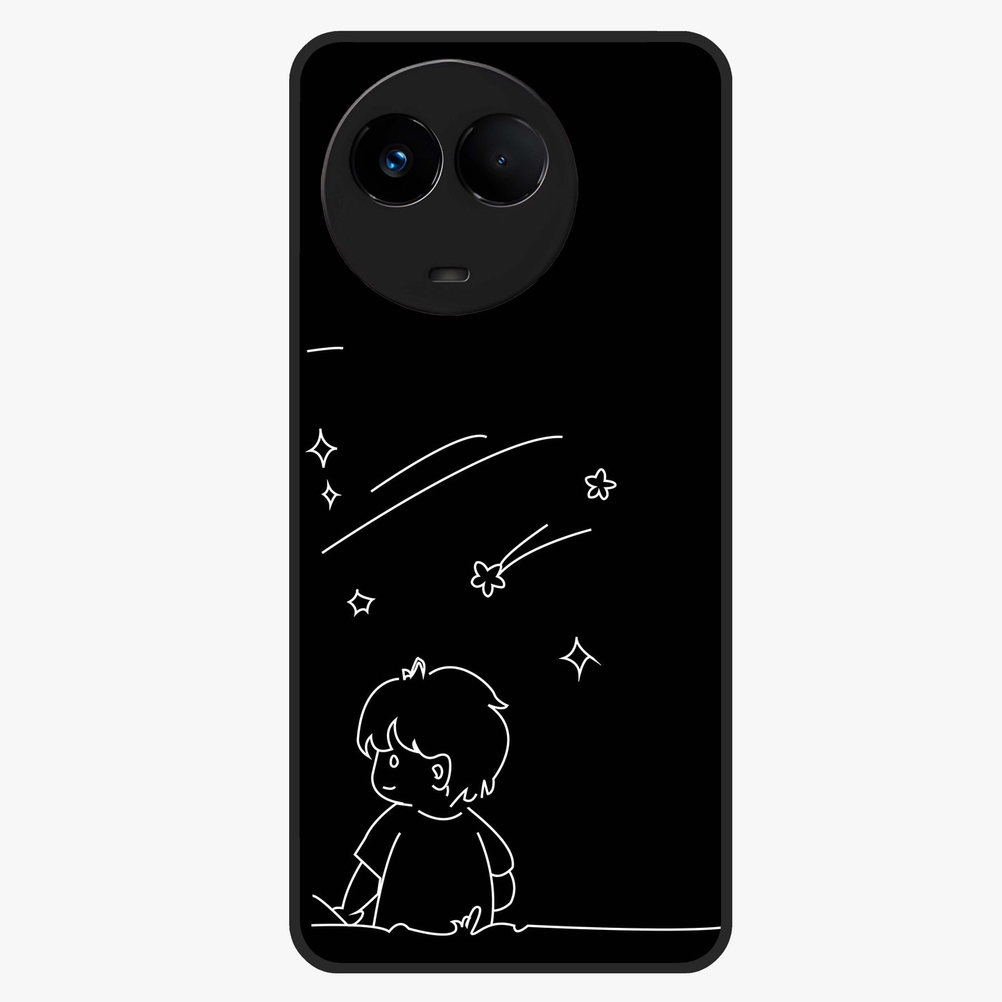 Line Art Boy With Shooting Stars Glass Case showing flat back view with minimal line art boy and shooting stars illustration and glossy glass finish.