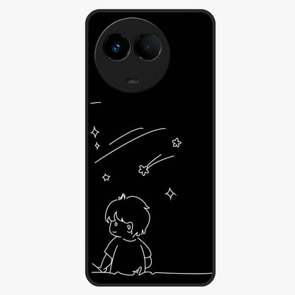 Line Art Boy With Shooting Stars Glass Case showing flat back view with minimal line art boy and shooting stars illustration and glossy glass finish.